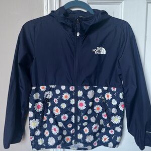 North face Girls ultra thin navy/floral wind breaker/ raincoat. Med 10/12